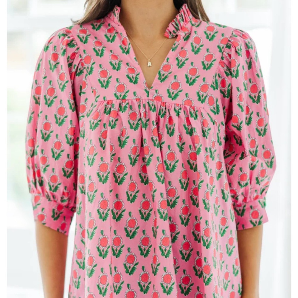 entro Pink Floral Print V-Neck Puff Sleeve Blouse - Picture 3 of 7